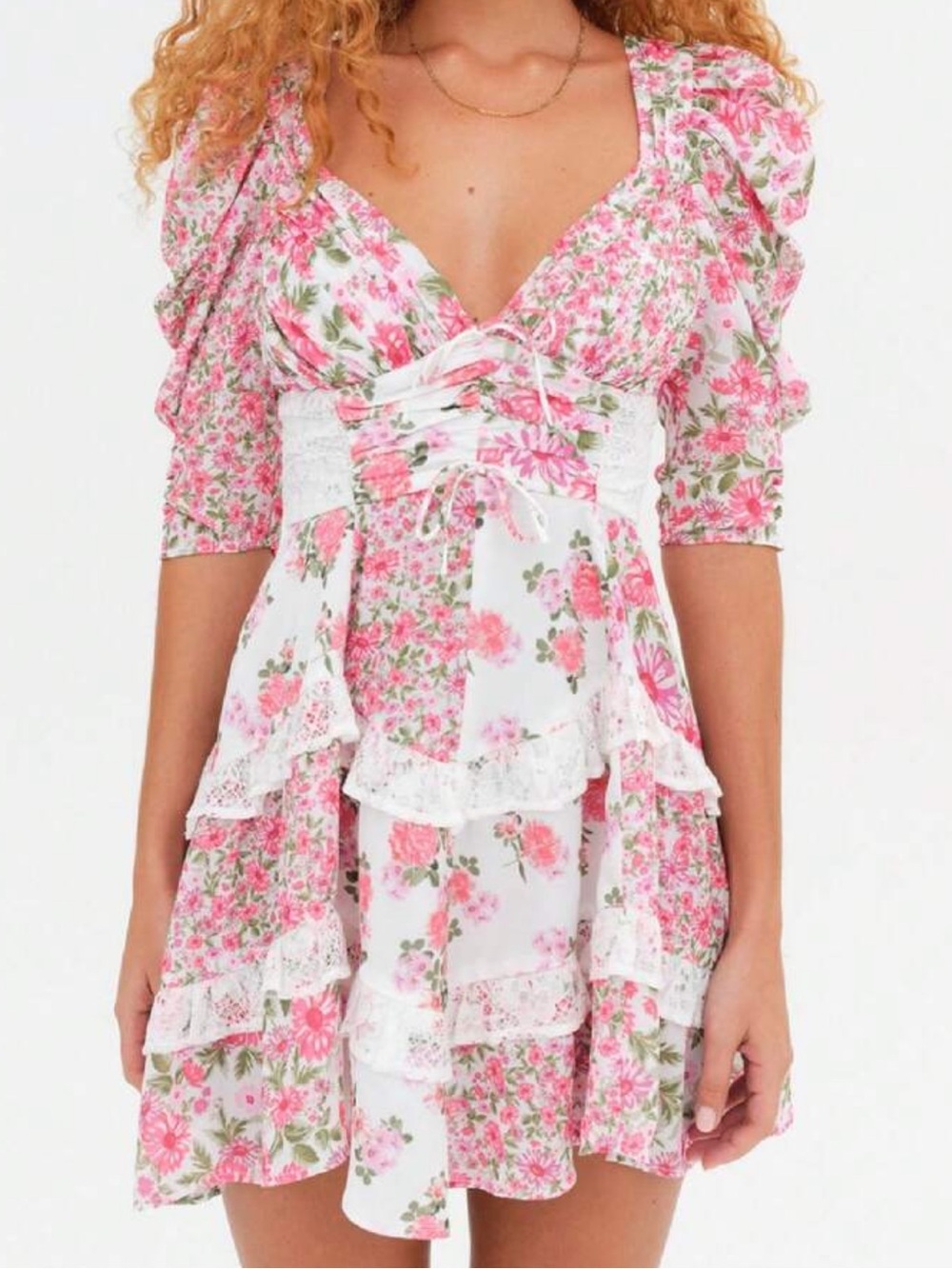 Pink Floral Ruffle Mini Dress